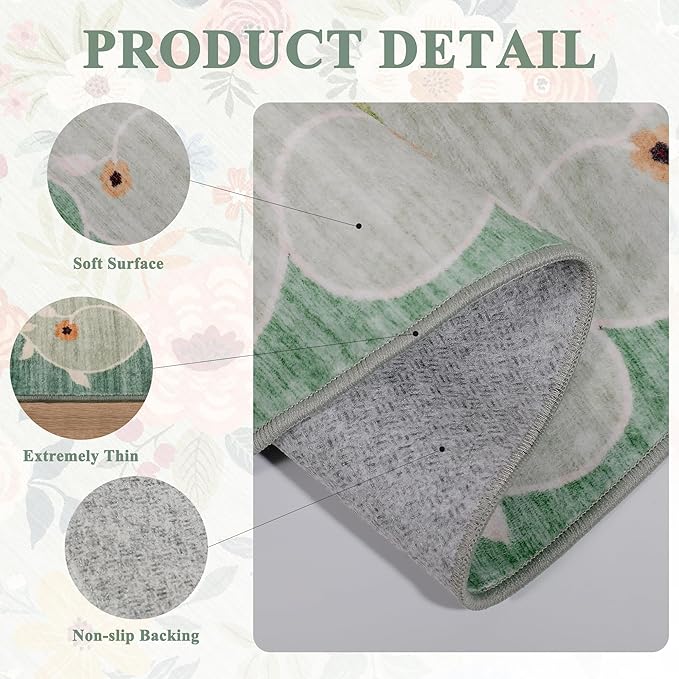 DUKINO 2x3 Rugs for Entryway, Floral Indoor Washable Front Door Mat, Non Slip Boho Small Carpet, Soft Low Pile Throw Rug for Entrance, Bedroom, Kitchen, Laundry, Bathroom, Green