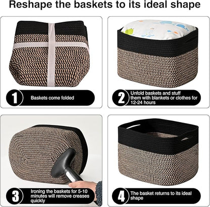 Storage Baskets for Shelves Organizing, Woven Cotton Rope Baskets for Storage, Book Basket, Decorative Shelf Basket, 12.5"Lx9.1''Wx7.9''H (4 Packs) Black & Jute