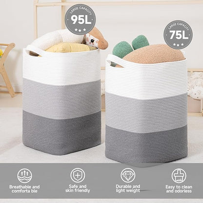 CLHMILY&Z 75L Laundry Basket Rectangular Grey Rope - 16x13x22 Inches - Dirty Clothes and Soft Storage Bin for Blankets, Toys, and Nursery Essentials