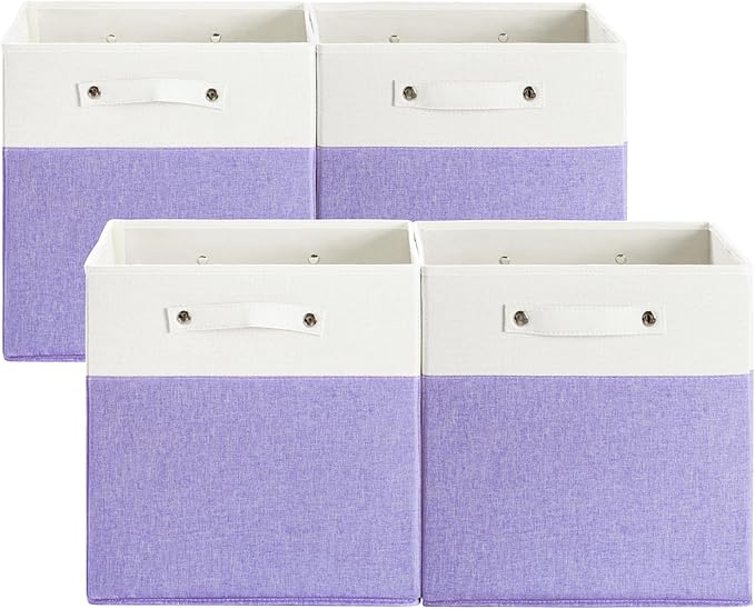 13 x 13 Inch Fine Linen Storage Bins with Handles，Fabric Cube Boxs，Collapsible Basket Organizers for Shelves for Home, Closet Drawers (White/Purple-4 Pack)