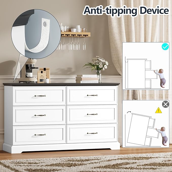 6 Drawer Dresser for Bedroom, 53" Wide Wooden Chest of Drawers, Rustic Farmhouse Dresser with Large Drawers & Metal Handles, Modern Storage Organizer for Closet, Living Room, Hallway, White