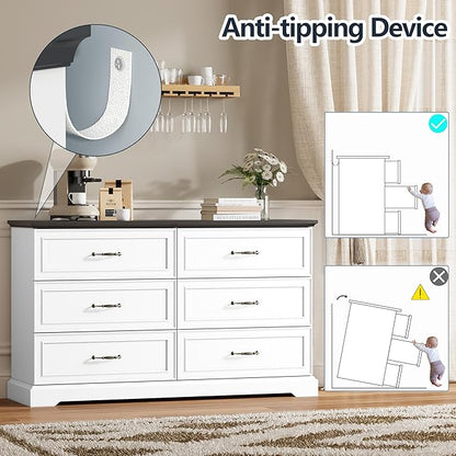 6 Drawer Dresser for Bedroom, 53" Wide Wooden Chest of Drawers, Rustic Farmhouse Dresser with Large Drawers & Metal Handles, Modern Storage Organizer for Closet, Living Room, Hallway, White
