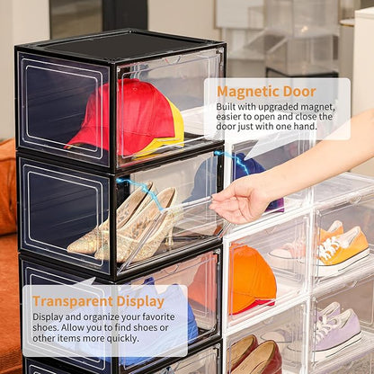 12 Pack White Shoe Boxes Stackable,Large Shoe Storage Organizer with Magnetic Door,Drop Side Shoe Containers for Entryway,Sneaker Storage Fit up to US Size 12 for Men/Women(13’’x10.62”x8.26”