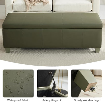 51" Faux Leather Storage Ottoman, Stitch Tufted Rectangle Upholstered End of Bed Storage Bench, Entryway Large Couch Ottoman with Wooden Legs,Green