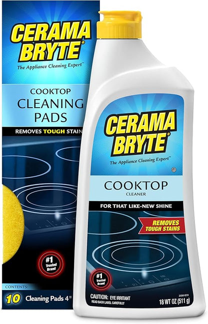 Cerama Bryte Glass Cooktop Cleaner Bundle with 10 Cleaning Pads for Removal of Tough Stains, Stovetop Cleaner for Glass - Ceramic Surfaces, 18 Ounces, 11 Piece