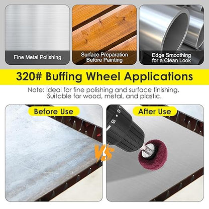 HighFree 7 PCS Non Woven Abrasive Buffing Polishing Wheels Drill Attachment Set - Scouring Pads Wheel with 1/4" Shank for Stainless Steel Copper Aluminum Wood-Wares (320 Grit Red)