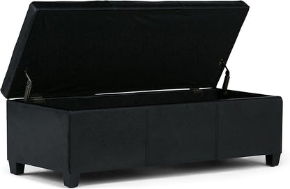 SIMPLIHOME Avalon 48 inch Wide Contemporary Rectangle Storage Ottoman Bench in Midnight Black Vegan Faux Leather, Assembled, for the Living Room, Entryway and Family Room