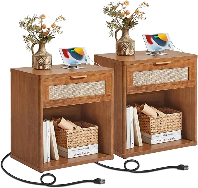 LEYAOYAO Rattan Nightstands Set of 2 with Charging Station, Natural Wood Night Stand with Drawer, 23" Wide Boho Bedside Table Open Cabinet, Bed Side Table Dresser for Bedroom, Living Room, Entrance