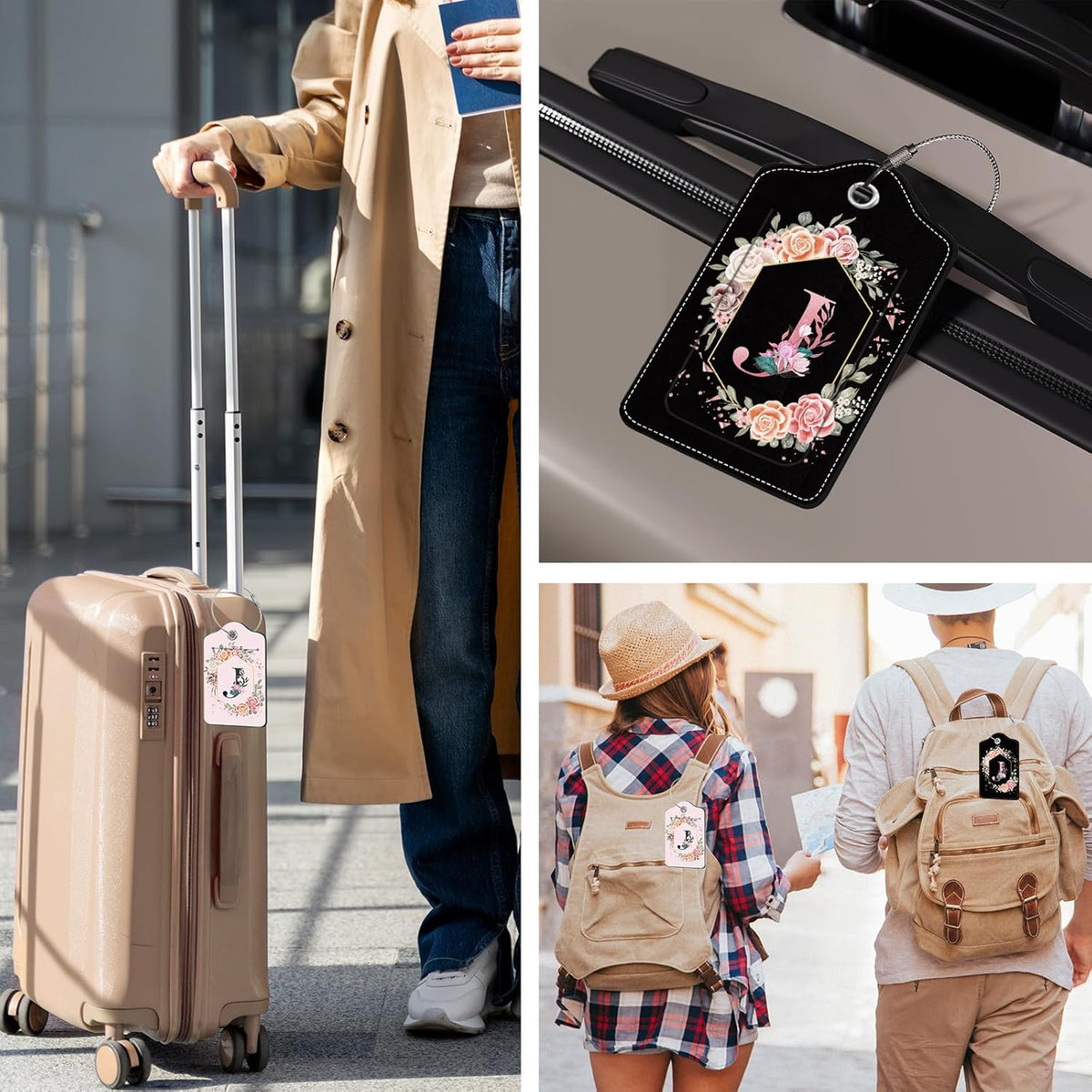 2Pcs Letter J Luggage Tag for Women, Pink Leather Luggage Tags for Suitcases Waterproof, Name ID Labels with Privacy Cover Suitcases Bag Baggage Tags for Travel, Travel Accessory Luggage Tag