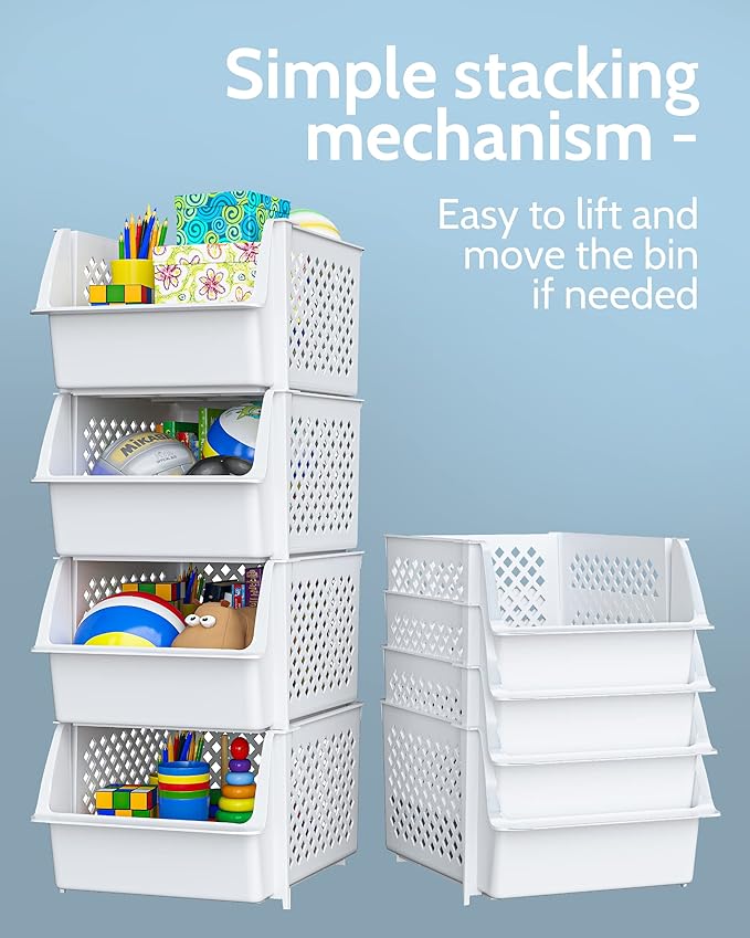 TidyFriend Plastic Stackable Storage Bins for Pantry - 12 Pack Stackable Bins for Organizing Food, Kitchen, and Bathroom Essentials (White)