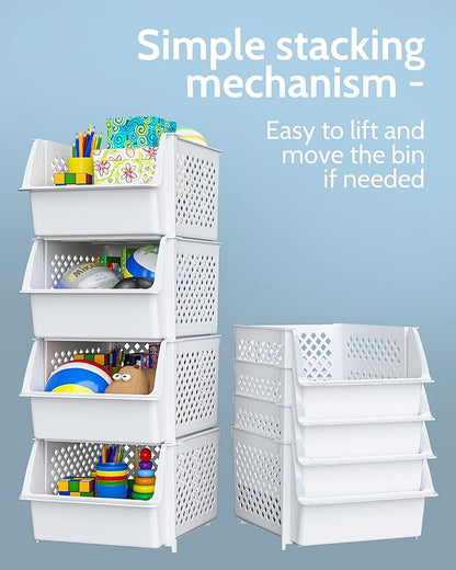 TidyFriend Plastic Stackable Storage Bins for Pantry - 12 Pack Stackable Bins for Organizing Food, Kitchen, and Bathroom Essentials (White)