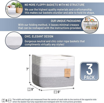 NaturalCozy Storage Cubes 9”x9”x7”Cotton Rope Woven Baskets for Organizing 3-Pack | 9 Inch Cube Storage Bin | Small Basket for Shelf Nursery, Pantry, Decorative Plant, Bathroom Closet, Toy Gift