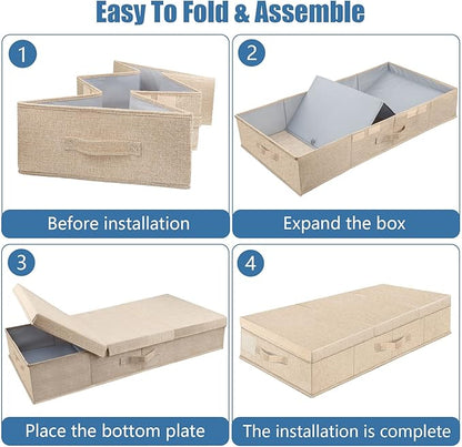 Underbed Storage Containers Bin with Lids (Set of 2) Large Under Bed Storage Organizer Box with Handle, Foldable Under the Storage Bags for Organizing Clothes, Shoes, Blankets, Pillows-Khaki