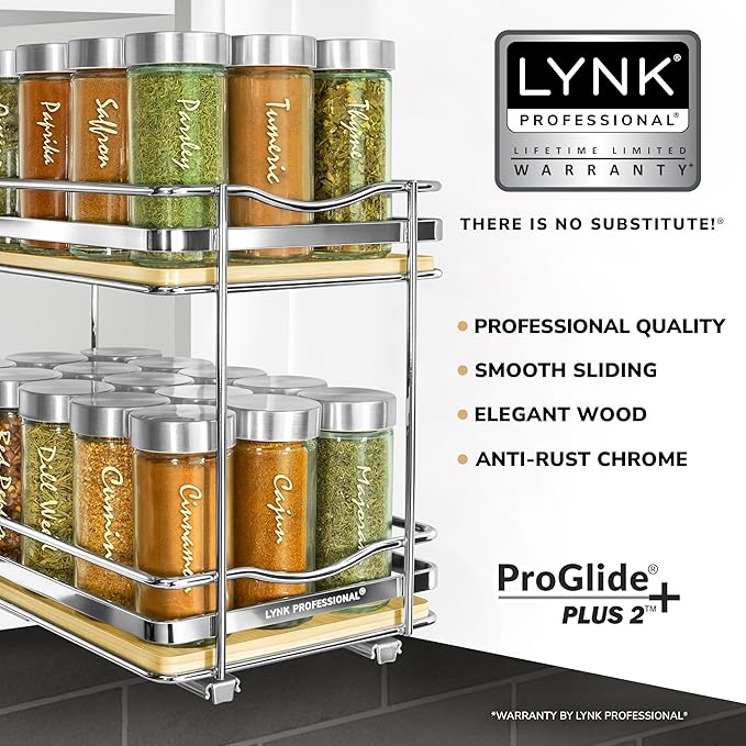 LYNK PROFESSIONAL® Élite™ Pull Out Spice Rack Organizer for Inside Kitchen Cabinets - 6-1/4 inch Wide - Slide Out Drawer – Wood/Chrome Sliding Spice Cabinet Organization Shelf Racks - 2 Tier