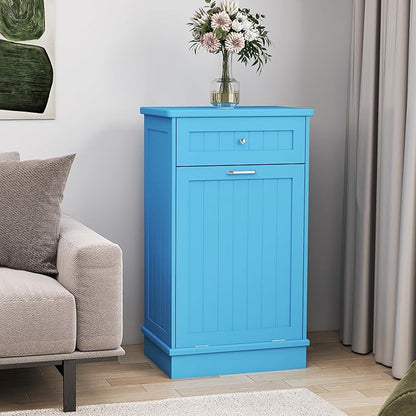 Betterhood Tilt Out Trash Cabinet 10 Gallon Wooden Free Standing Laundry Sorter Cabinet,Recycling Cabinet with Hideaway Drawer,Tilt Out Trash Cabinet Can Bin Kitchen (Single Light Blue, Single Dooor)