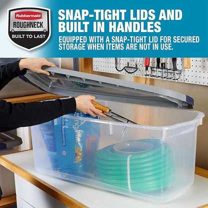Rubbermaid Roughneck Clear 95 Qt/23.75 Gal Storage Containers, Pack of 4 with Latching Grey Lids, Visible Base, Sturdy and Stackable, Great for Storage and Organization