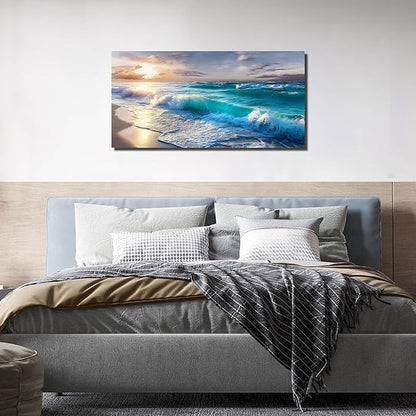 GUGIKA Ocean Wall Art for Living Room, Blue Wave and Large Coastal Beach Canvas Wall-Decor for Bedroom, Gold Sun Scenery Pictures for Hallway Office, Size 40x20 Inches