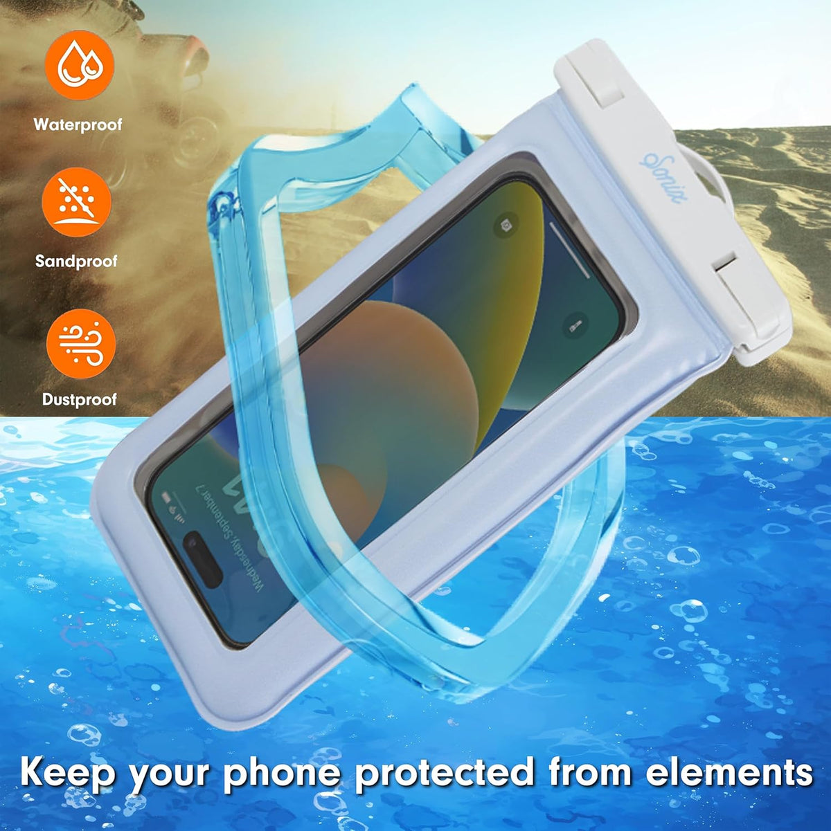 Sonix Waterproof Phone Pouch - Floating Phone Case Dry Bag w/Crossbody Lanyard - Beach Cruise Travel Essentials - Compatible w/All Devices, Touchscreen Friendly | Jelly Blue