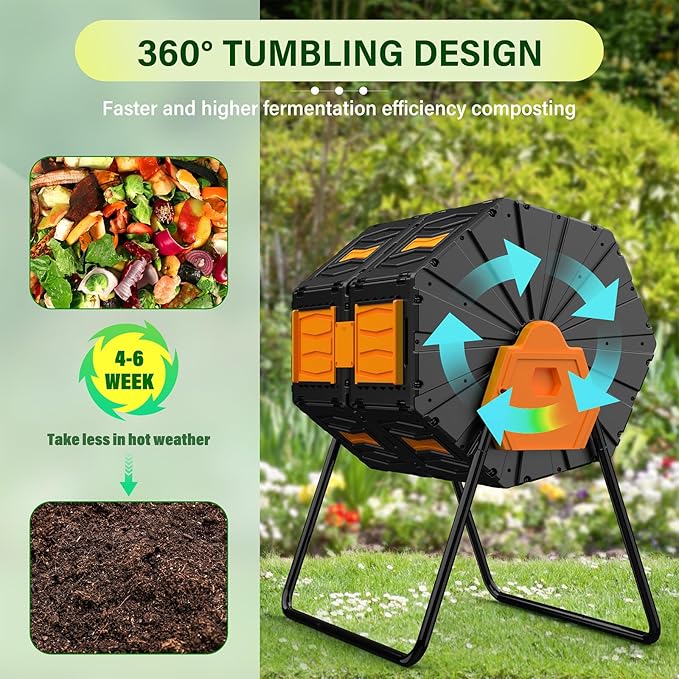 Compost Bin Outdoor, 45 Gallon / 170L Composter Tumbler, 360° Rotating Compost Bin Outdoor, BPA-Free Fast-Working All-Season Heavy-Duty Dual Chamber Compost Tumbler for Garden Kitchen Yard Waste