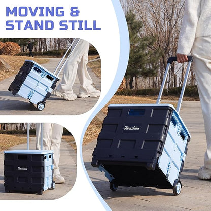 Collapsible Rolling Crate on Noiseless Wheels: Portable Utility Cart for Shopping Teacher Laundry (Blue)