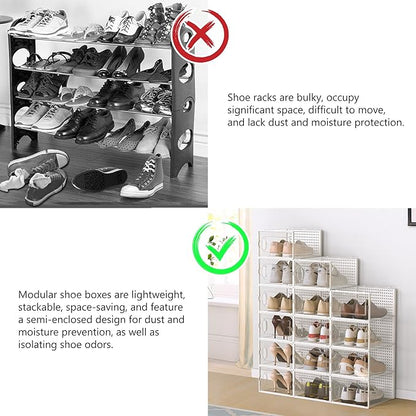 12 Pack X-Large Modular Clear Plastic Stackable Shoe Storage Organizer for Closet, Portable Space Saving Versatile Sneaker Shoe Rack Containers Bins Holders, White0303