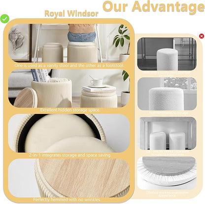 Round Ottoman with Storage Set of 2,Vanity Stool with Storage for Bedroom, Ottoman Coffee Table,Small Velvet Foot Stool for Living Room, Beige