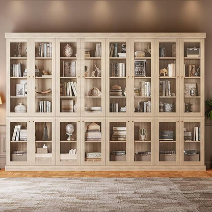 70.8" Tall Brown Bookshelf with Glass Doors, Farmhouse Modular Bookcase with 6-Tier Adjustable Shelves, Large Storage Cabinet for Home Office, Living Room, Set of 4