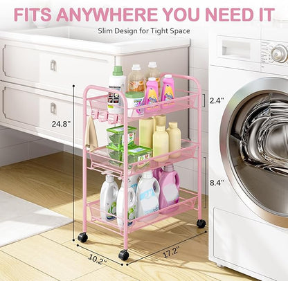 TOOLF 3 Tier Rolling Utility Cart - Durable Metal Design Pink Utility Cart, Storage Trolley on Wheels with 3 Hooks, Perfect for Kitchen, Bathroom & Laundry Room Organization