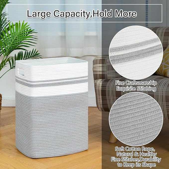 OIAHOMY 91L Laundry Hamper, XXXLarge Laundry Basket, Collapsible Cotton Rope Basket,Woven Storage Basket for Blankets,Clothes,Pillows-16x15x24-Grey