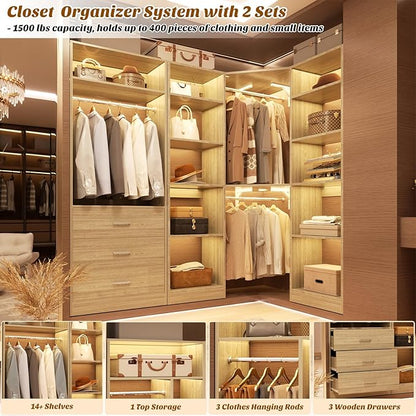 Corner Closet System with 3 Drawers, Corner Closet Organizer System with 13 Shelves & 3 Hanging Rods, 63.2"L * 39.2"W Reversible L Shaped Walk-in Closets, Load 2000+LBS, White Oak