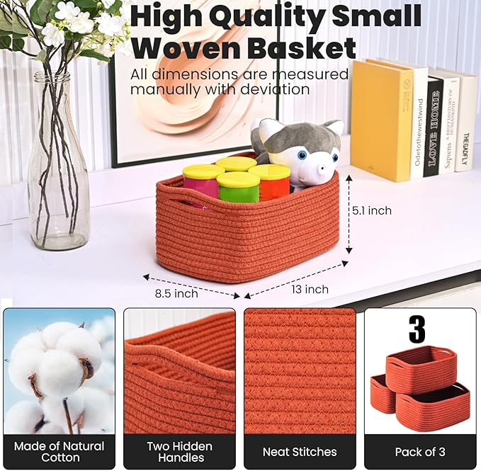 Small Red Woven Baskets for Organizing, Basket for Gifts Empty, Cotton Rope Baskets for Storage, Organizer Bins for Organization, 13"×8.5"×5.1" (3 Packs) Brick Red
