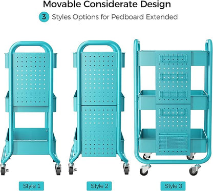 DESIGNA 3-Tier Utility Storage Rolling Cart with Removable Pegboard & Extra Storage Baskets Hooks, Metal Craft Art Carts for Gift Home Office, Teal