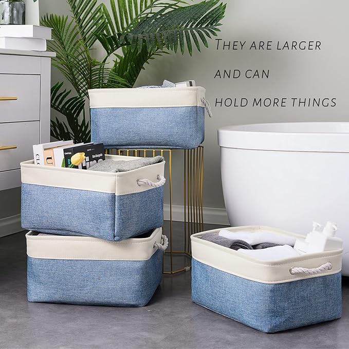 TcaFmac Storage Basket for Organizing - Large 4 Pack Fabric Storage Bins Baskets for Shelves with Ropes, Foldable Storage Cubes for Closet Cloth Toy (White & Blue16x12x8 inch)