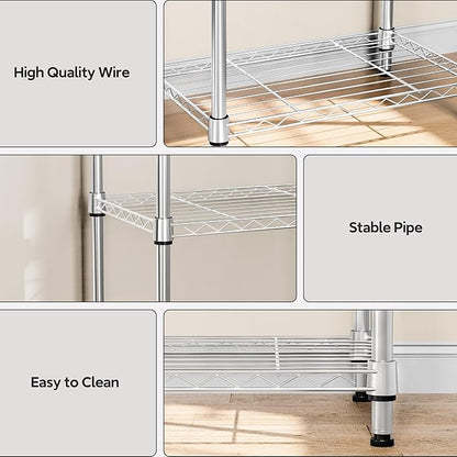 4 Tiers Shelf Metal Storage Shelves Wire Rack Closet Organizers with Wheel for Garage Kitchen Bathroom Laundry Chrome 11.8" D x 17.7" W x 41.9" H
