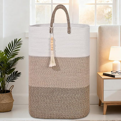 Woven Laundry Basket for Clothes,100 L Large Rectangle Laundry Hampers with Beads Tassel, Nursery Storage Basket for Toys, Tall Dirty Clothes Hamper for Bedroom Aesthetic, Laundry Room Organization