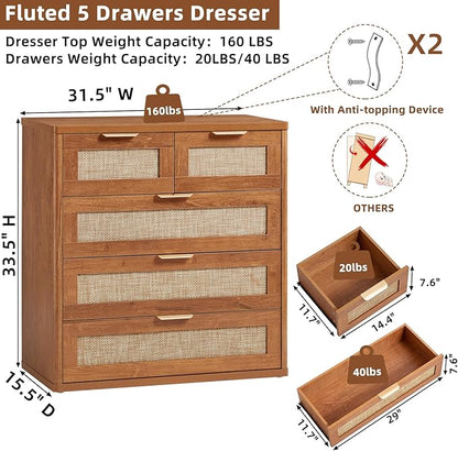 LEYAOYAO Rattan Dresser for Bedroom, 33.5" Tall Chest of Drawers, Modern 5 Drawers Boho Dressers with Storage, Vintage Brown Dresser Wooden Closet Organizer for Living Room, Hallway