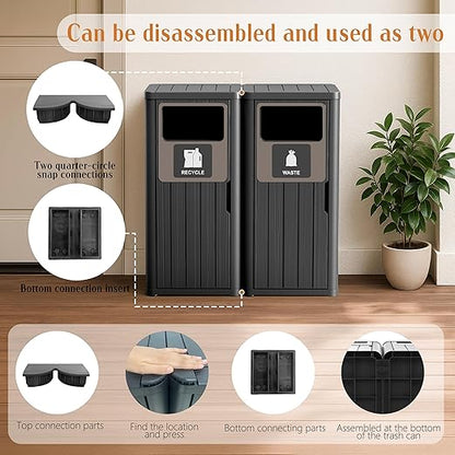 ROJIK 35" Tall Outdoor Trash Can,Weatherproof Resin Garbage Indoor Durable Lightweight,Suitable for Patio Office Kitchen,Easy to Clean,Assemble(Waste&Recycle, Black)