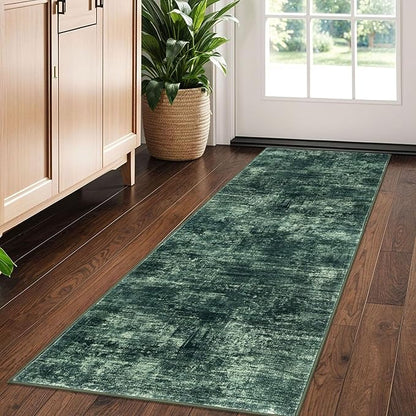 IOHOUZE Abstract Runner Rug 2x5 Ft Washable Runners for Hallways, Non Slip Kitchen Runner Printed Faux Wool Entryway Runner Indoor, Modern Abstract Floor Carpet for Hall Kitchen Bedroom, Dark Green