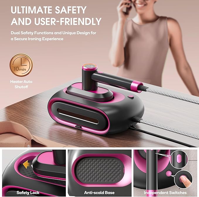 Newbealer 2In1 Pro Steam Station Iron, 1550W Turbo 3-level Steam & 3 Dry Heat Modes for Clothes, 30s Heat Up, 1.2L Detachable Tank, Auto-Off, Self Cleaning, Versatile for Home & Hotel (Ashpink)