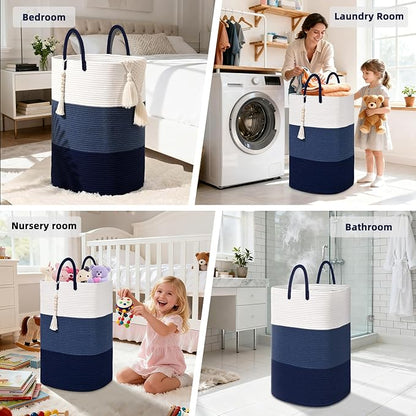 Woven Laundry Basket for Clothes,65 L Large Rectangle Laundry Hampers with Beads Tassel, Nursery Storage Basket for Toys, Tall Dirty Clothes Hamper for Bedroom Aesthetic, Laundry Room Organization