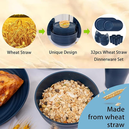 32PCS Blue Wheat Straw Dinnerware Sets