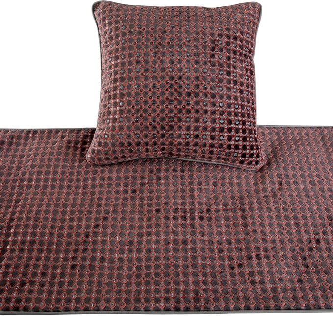 The HomeCentric Grey Bed Runner, King Size 90"x18" Decorative Bed Runner with Matching Pillow Cover, Peach & Grey Velvet Bed Scarf in Sequins Embroidery - Ditto Dots