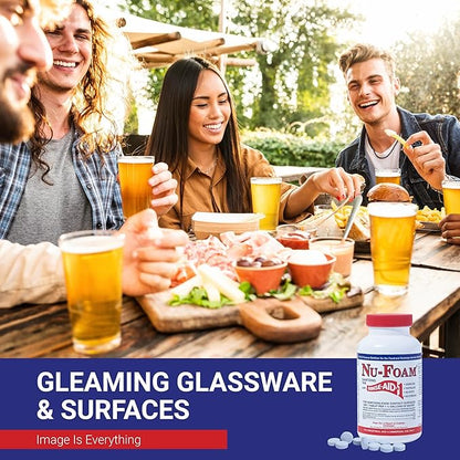 Nu-Foam Sanitizing Tablets for Bar Glassware – Superior Rinse Aid - Hand Washing Bar, Tavern, Brewery Supplies - Spotless Serving Glasses - 6 Jars 600 Tablets/ 3600 Quarts (6 Pack 600 Tablets)