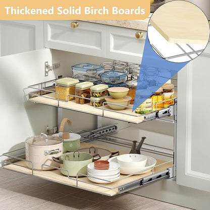 ROOMTEC 2 Tier Individual Pull Out Cabinet Organizer 31½"W x 21½"D, Slide Out Wood Shelves Organizers, Pull Out Drawers Organization and Storage for Kitchen Cabinet