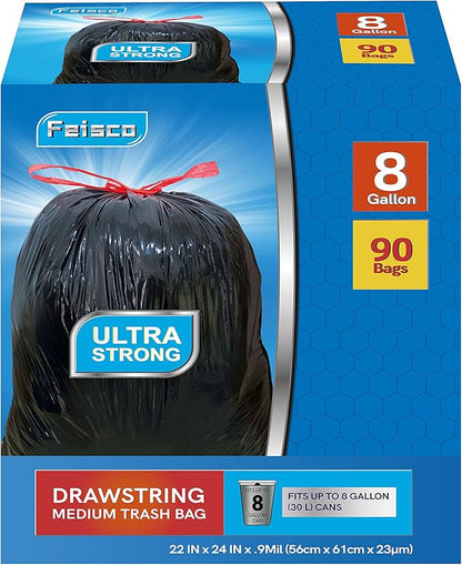 Feisco 8 Gallon Black Trash Bag,30L Drawstring Garbage Bag Trash Can Liner,90 Counts,0.9 Mil (8 Gallon, Black)