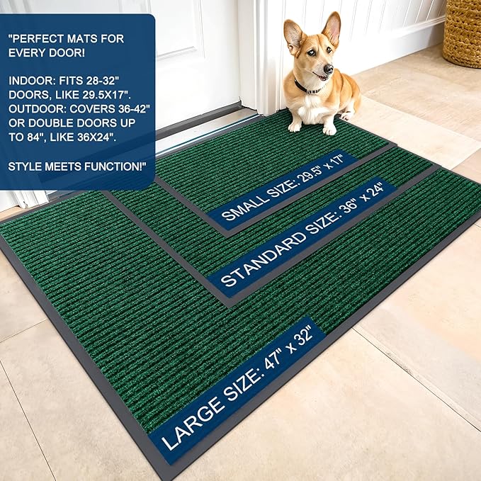 OLANLY Front Door Mat Indoor Outdoor Entrance, Waterproof Heavy Duty Doormat, Fade Resistant, Low Profile, Easy Clean Patio Porch Welcome Floor Mats for Entry, 59x20, Green