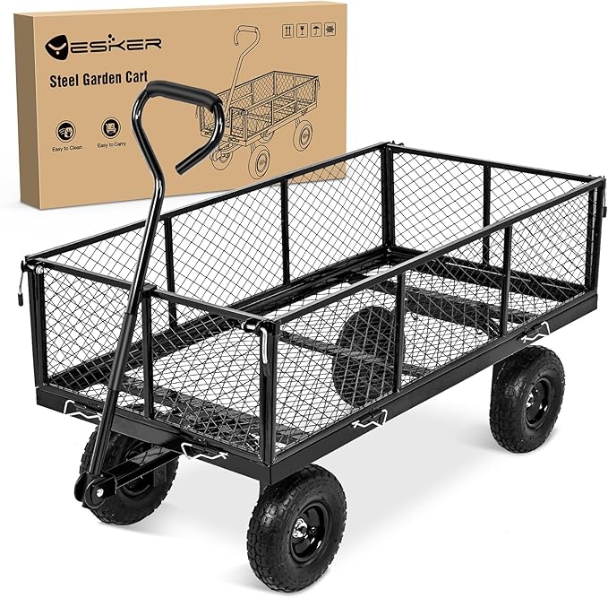 Yesker Steel Garden Carts - 1100lbs Dump Wagon with All Terrain Inflatable Wheels for Yard Lawn Farms Gardening - Heavy Duty Utility Outdoor Hauling Wheelbarrow