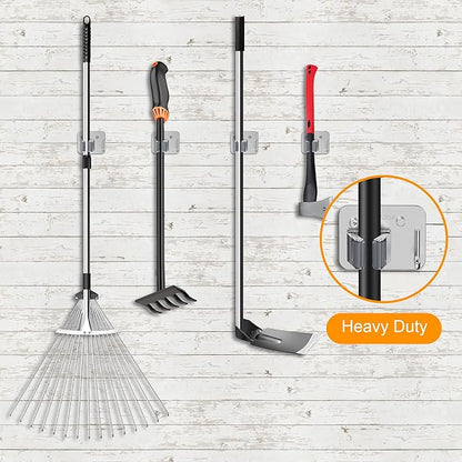 4 Pack Stainless Steel Mop and Broom Holder Wall Mount with Hook, Screw Drilling Mop and Broom Hanger, Single Heavy Duty Storage Rack for Laundry Garage Closet Garden Tool Organizer, Silver