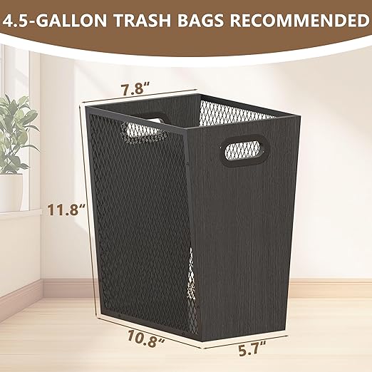 Piskyet Black Office Trash Can for Near Desk,4.5 Gallon Unique Wood Bedroom Garbage Can,Vintage Wastebasket with Handle, Decorative Trash Can for Home Office,2pack 10.8" L x 7.8" W x 11.8" H