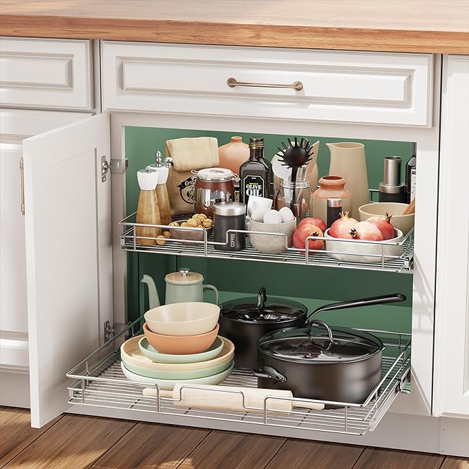 LOVMOR 2 Tier 28½"W x 21½"D, Individual Pull Organizer Kitchen Cabinet Storage Sliding Shelves
